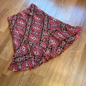 East 5th vibrant orange and brown floral geometrical pattern midi skirt Size M/L